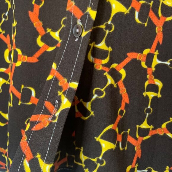 Vintage 70's Dark Brown, Yellow and Orange Equestrian Print Collared Button Up - Picture 11 of 12